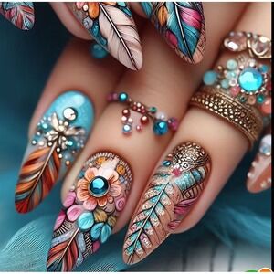Boho Feather Floral Press On Nails 24pc Almond Shape Turquoise Magenta Art Kit